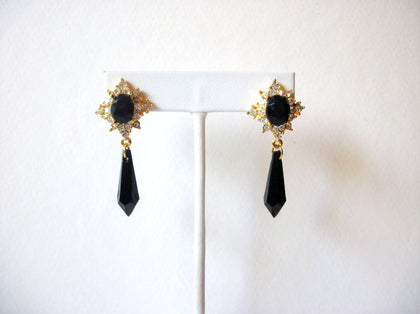 Gold Toned Black Clear Rhinestone Dangle Earrings 91517