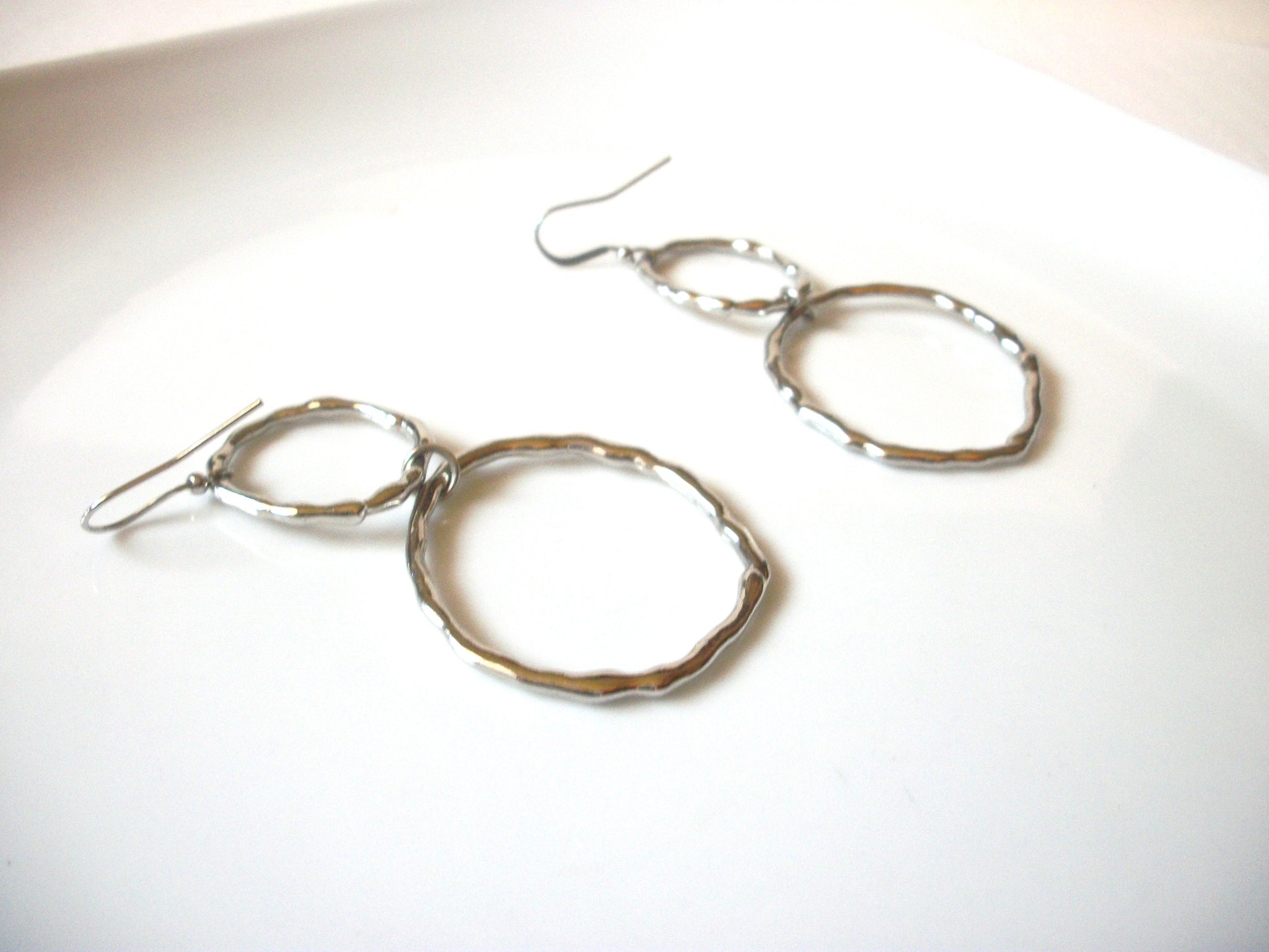 Retro Long Silver Toned Hammered Circle Earrings 40420