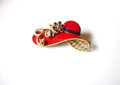 Retro Red Enameled AB Crystals Rhinestone Hat Brooch Pin 92816