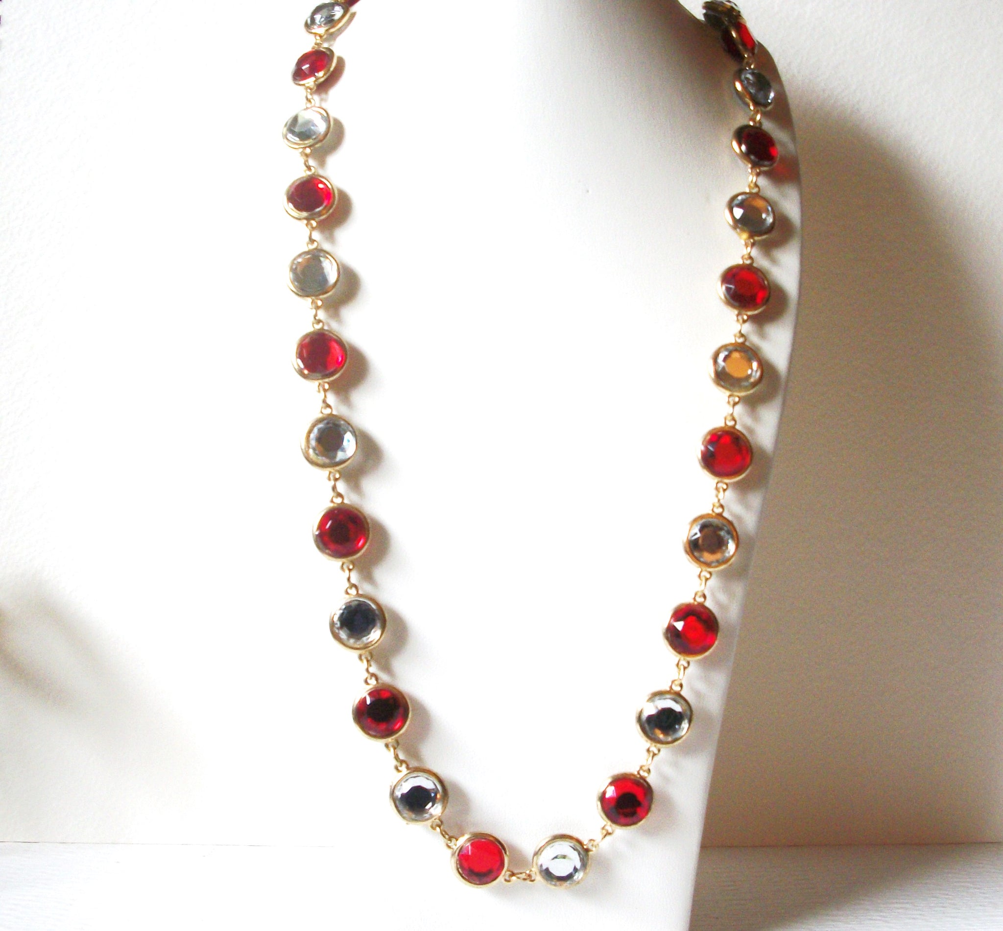 Vintage Gold Red Clear Long Glass Bezel 40" Necklace 82017