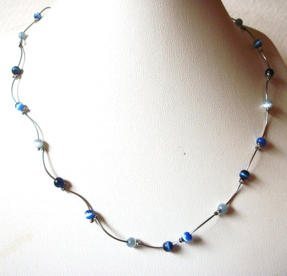 Dainty Retro Blue Cat`s Eye Glass 16" Necklace 123116
