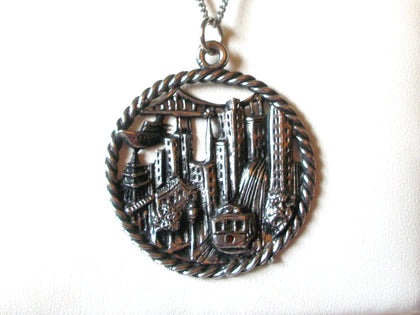 MEL GOLDBERG Vintage Silver Toned Cable Car San Francisco Necklace 123116