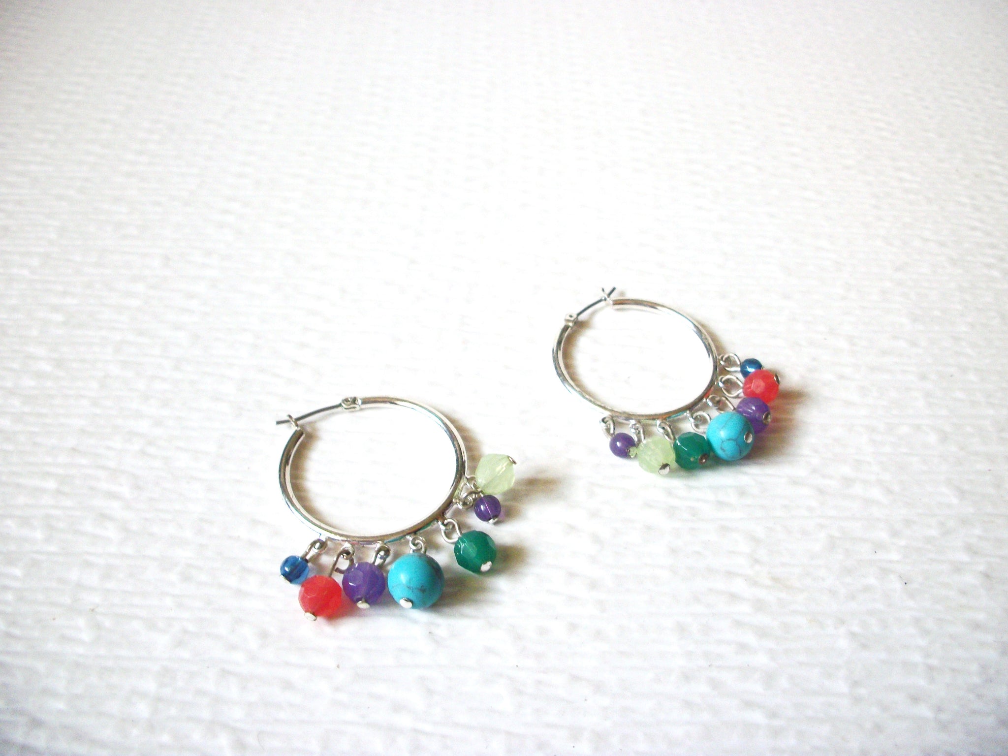 PIERCED EARRING Retro Silver Toned Colorful Dangling Beads Hoops 5917