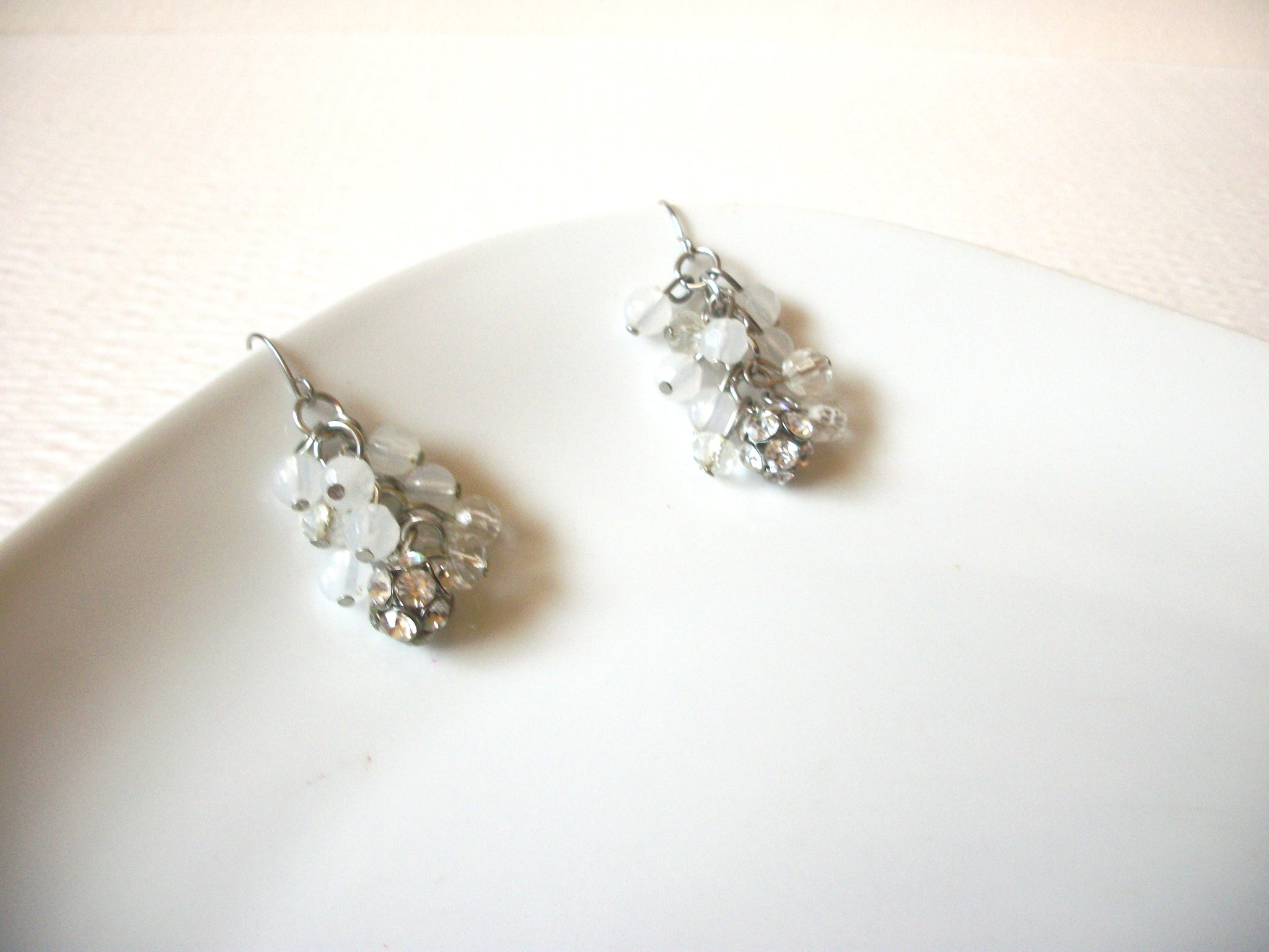 Retro Long Silver Frosted Clear Rhinestone Grape Dangle Earrings 80417