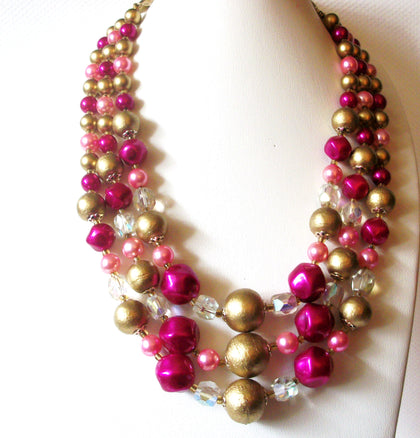 JAPAN Designer Vintage Fuchsia Pink Gold Aurora Borelias Necklace 92517