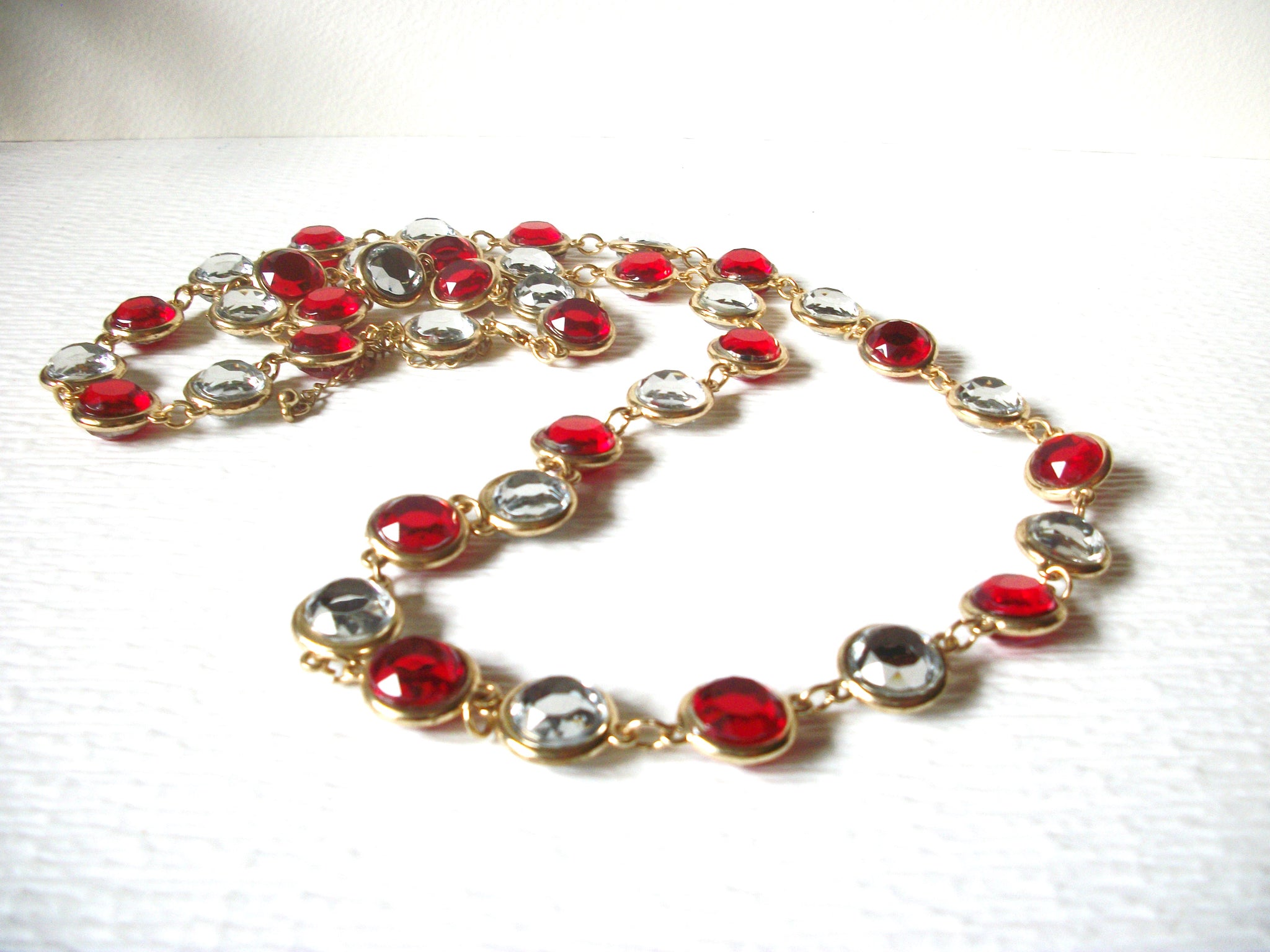 Vintage Gold Red Clear Long Glass Bezel 40" Necklace 82017