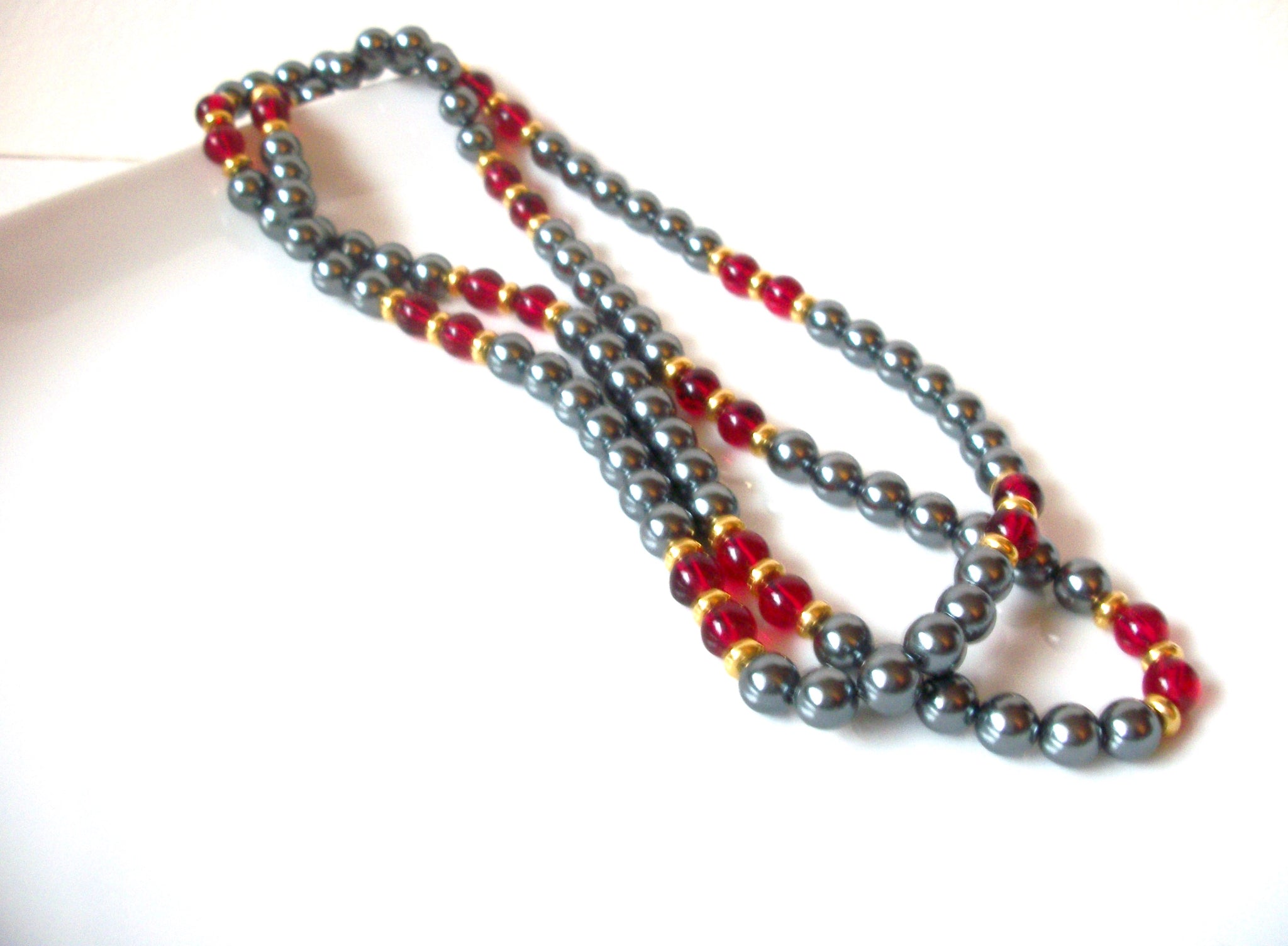 Vintage Necklace Gray Gold Red Glass Pearl 36" Long 60816