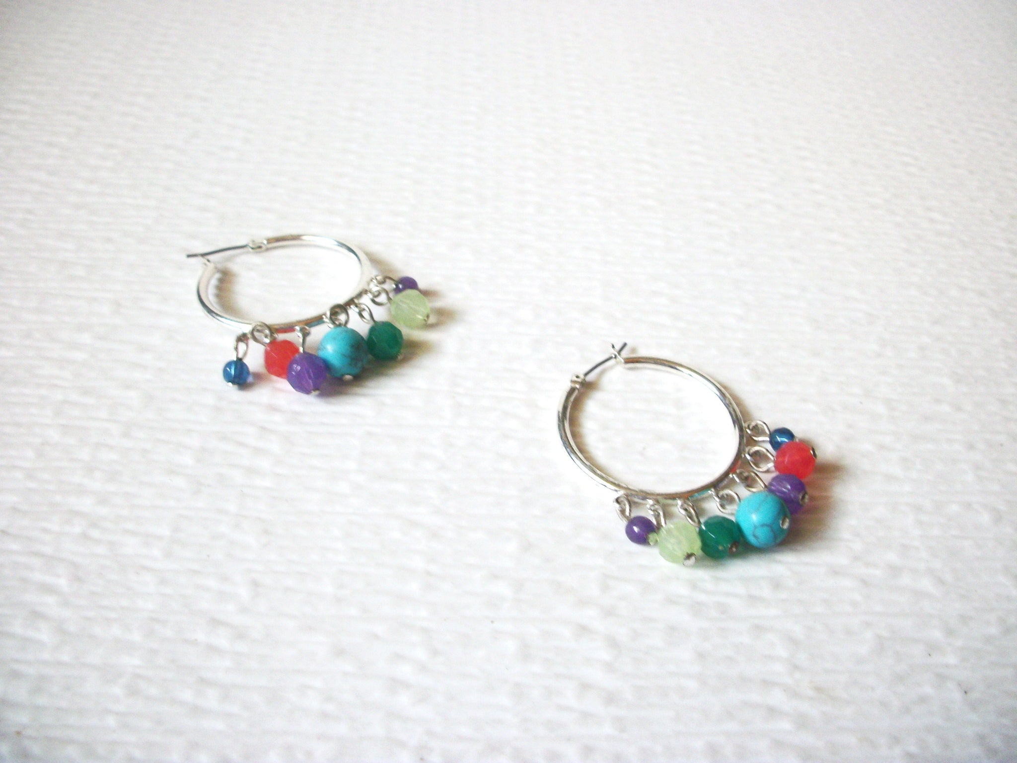 PIERCED EARRING Retro Silver Toned Colorful Dangling Beads Hoops 5917