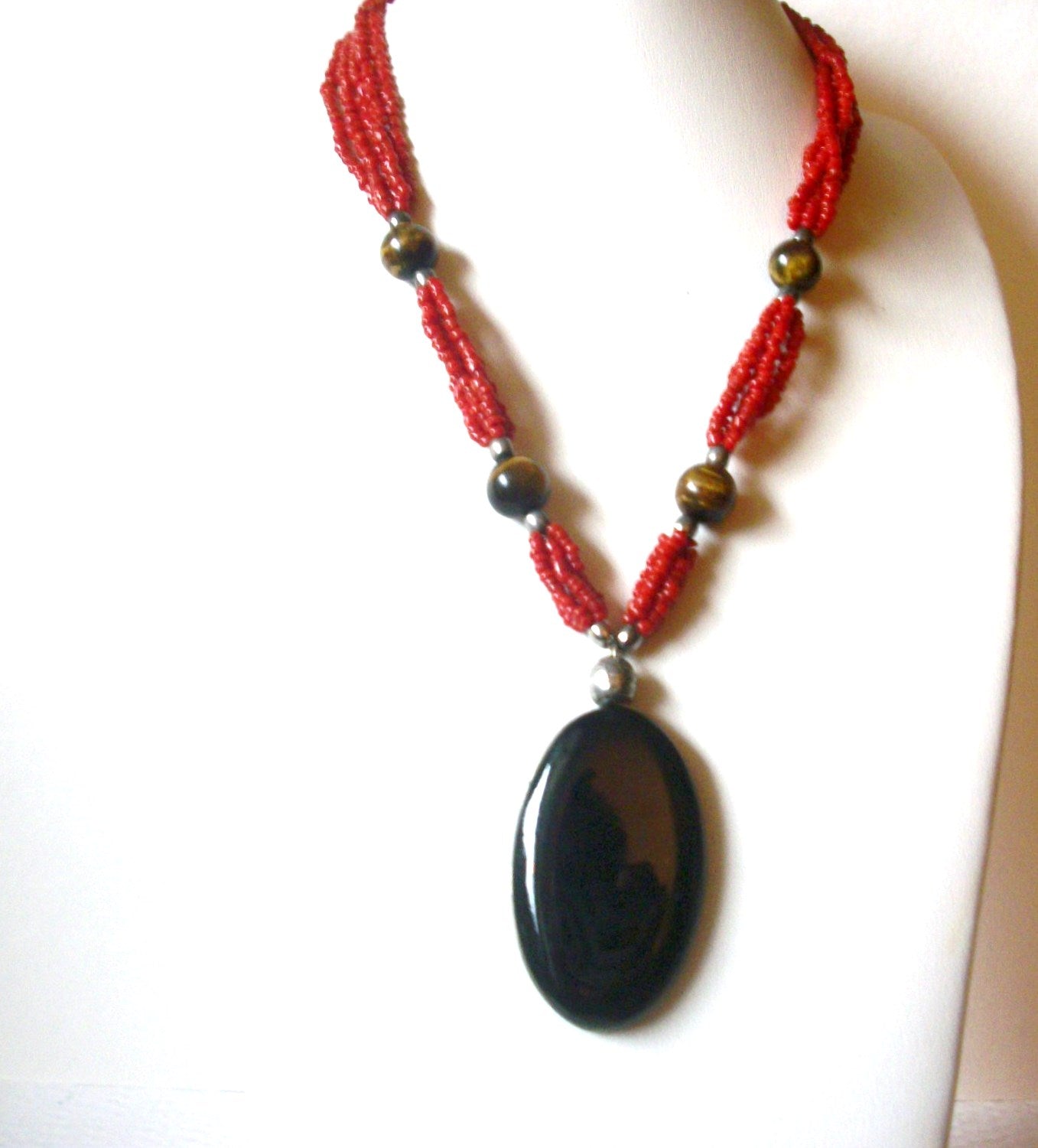 Southwestern Necklace, Black Onyx Pendant. Paprika Glass, Tiger Eye 19" Long 82016