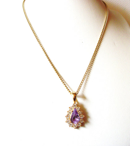 Vintage Gold Toned Amethyst Clear Rhinestone Pendant Necklace 9216