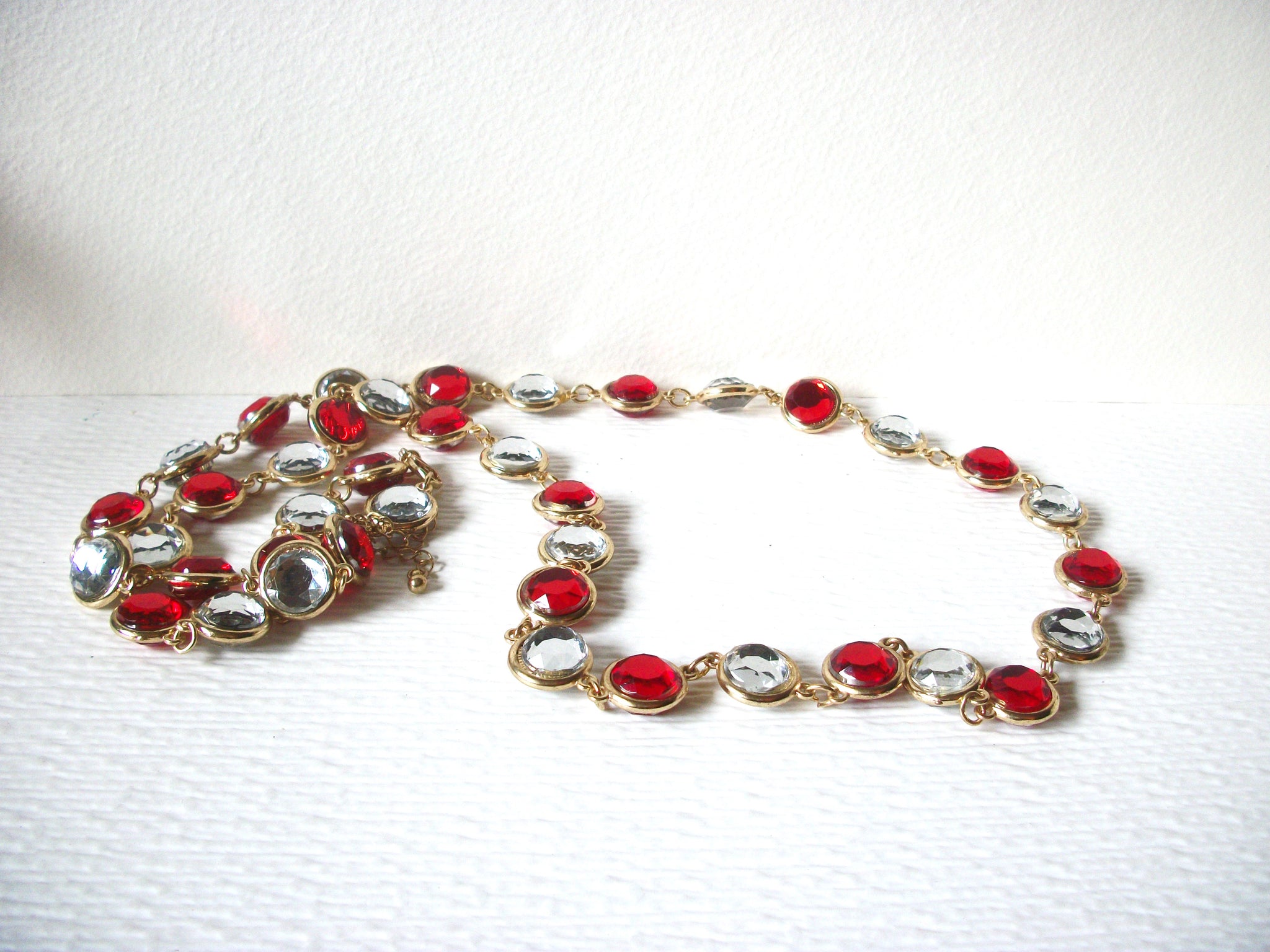 Vintage Gold Red Clear Long Glass Bezel 40" Necklace 82017