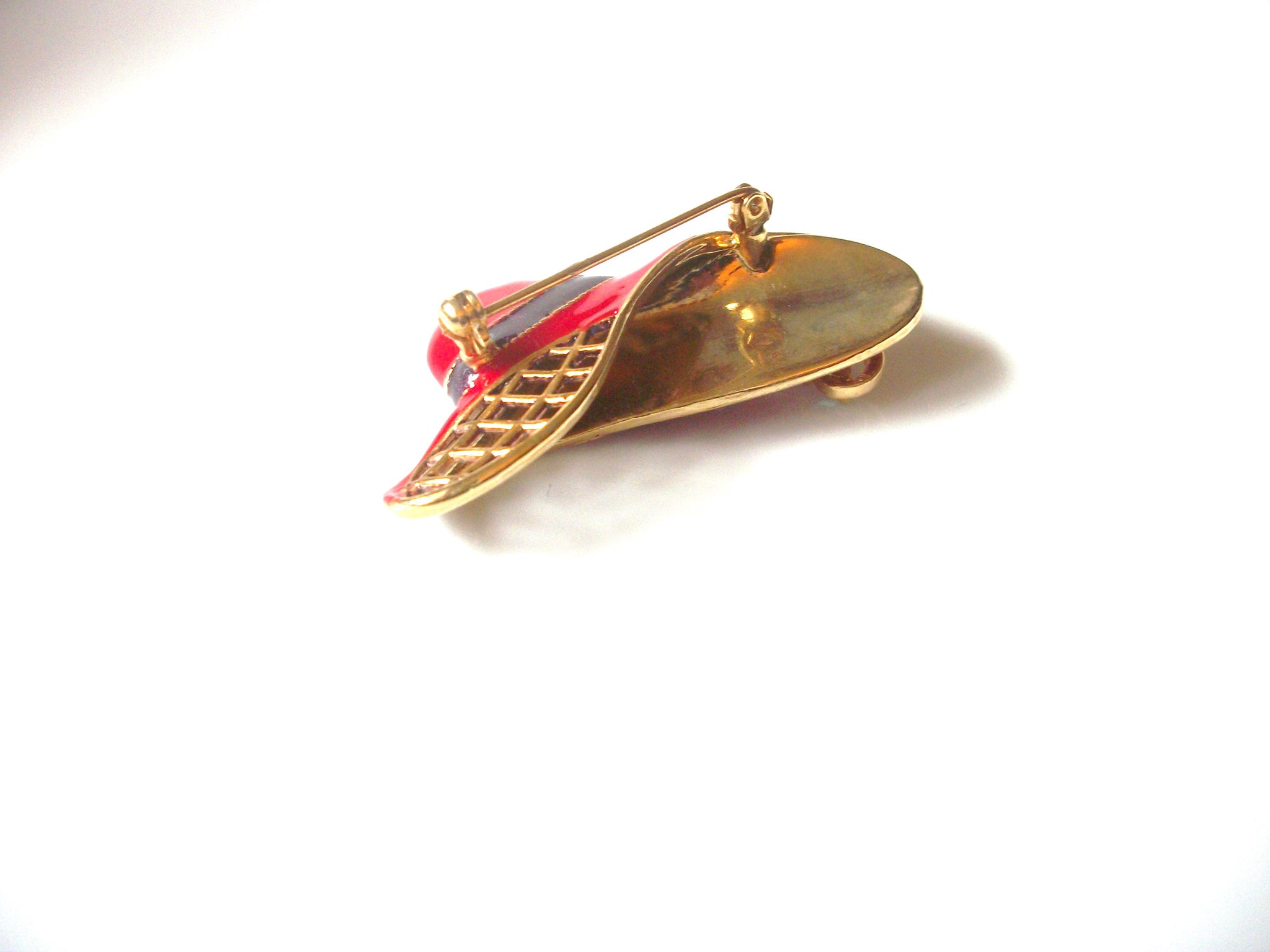 Retro Red Enameled AB Crystals Rhinestone Hat Brooch Pin 92816