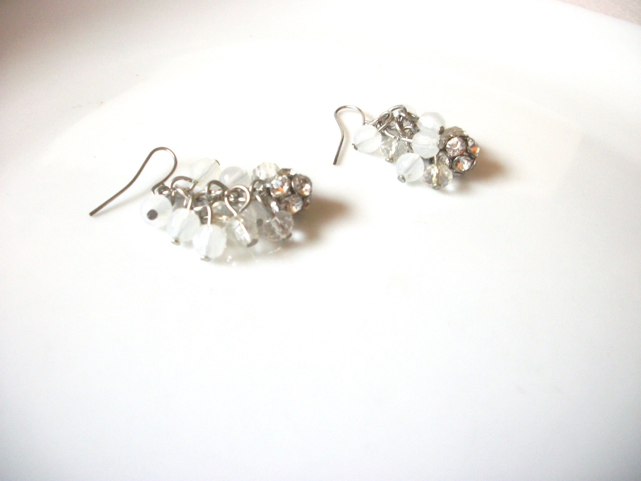 Retro Long Silver Frosted Clear Rhinestone Grape Dangle Earrings 80417