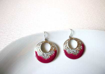 Bohemian Silver Toned Fuchsia Rosa Enameled Dangle Earrings 9216