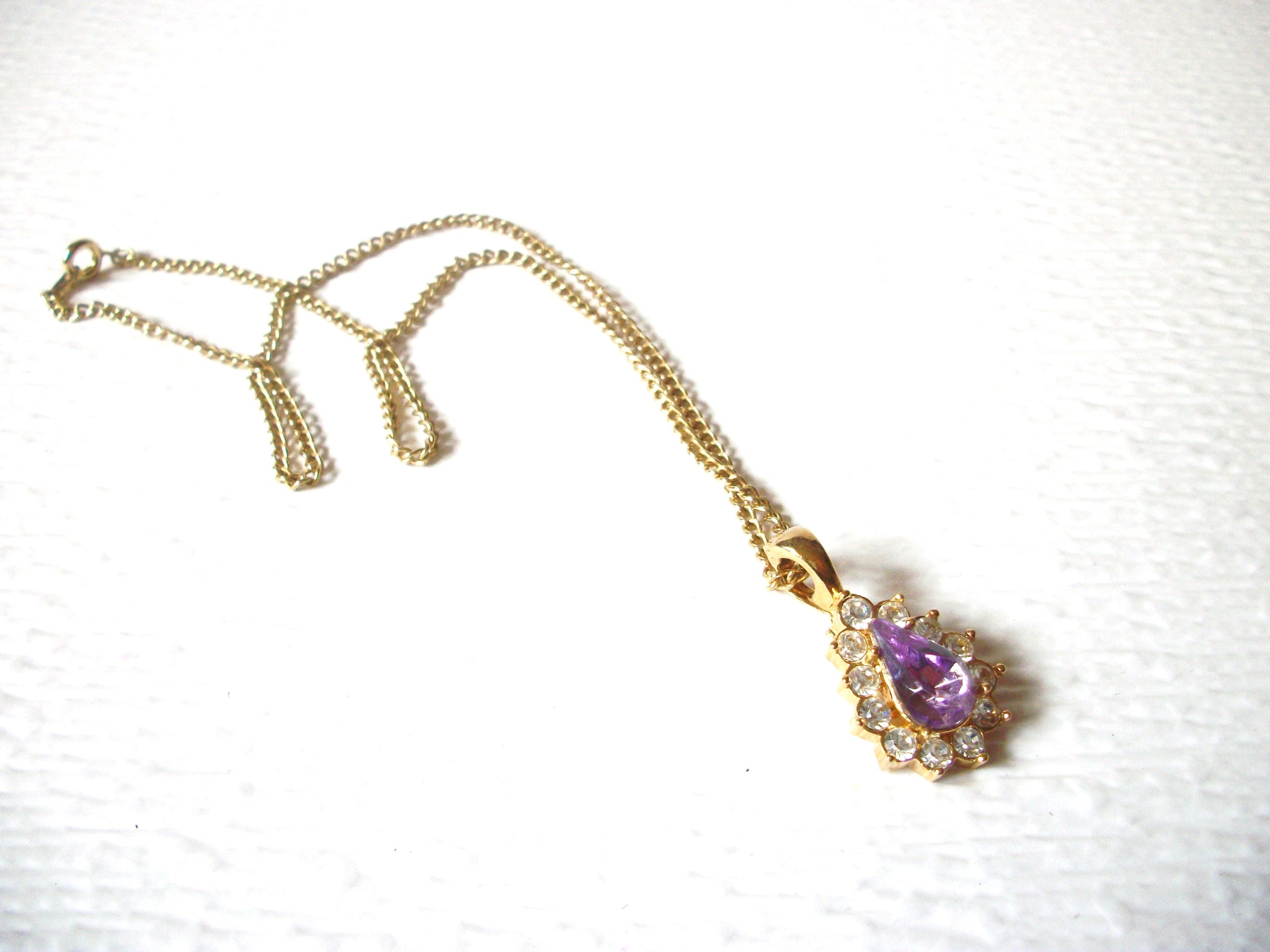 Vintage Gold Toned Amethyst Clear Rhinestone Pendant Necklace 9216