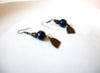 Vintage Bronze Cobalt Blue Glass Dangle 2 1/2" Earrings 121816