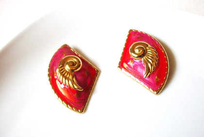 Vintage Gold Toned Orange Fuchsia Pink Enameled 2 1/4" Clip On Earrings 9216