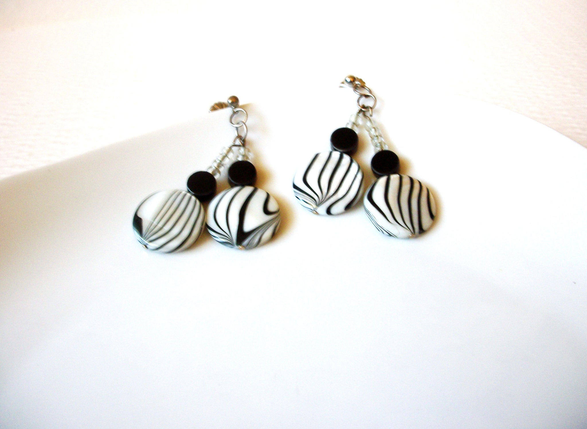 Vintage White Black Glass Dangle 2"  Earrings 121816