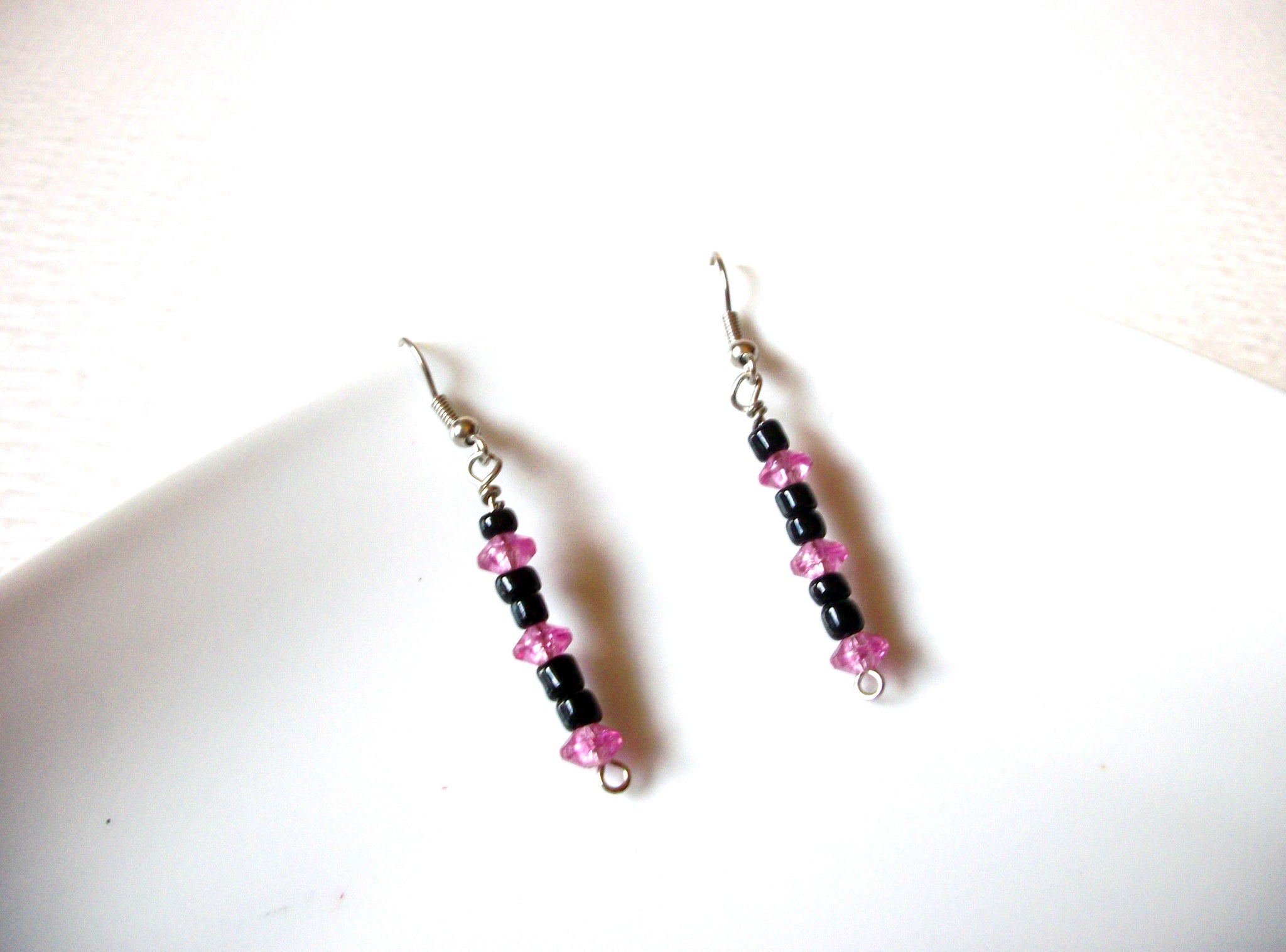 Vintage Black Pink Glass Dangle Earrings 123116