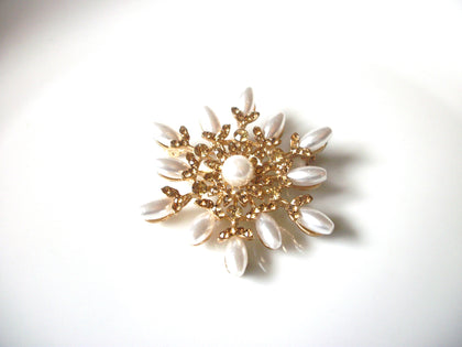Retro Gold Toned Rhinestone Faux Pearl Snowflake Brooch Pin 92816