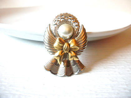 Vintage Angel Brooch, Jac Win Design Silver Metal, Gold Bow and a Pearl for Face Christmas Holiday Jewelry 81517