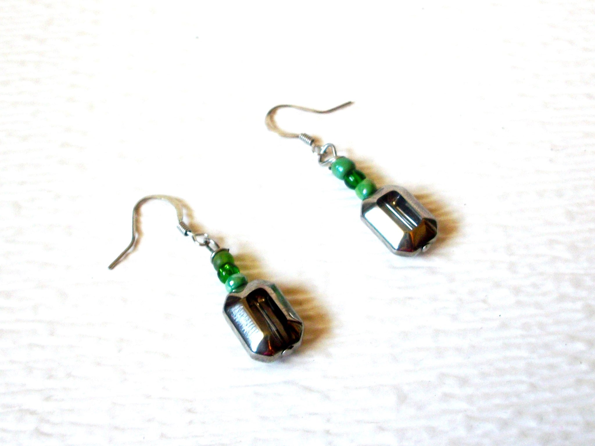 Vintage Silver Green Glass Dangle Earrings 121816