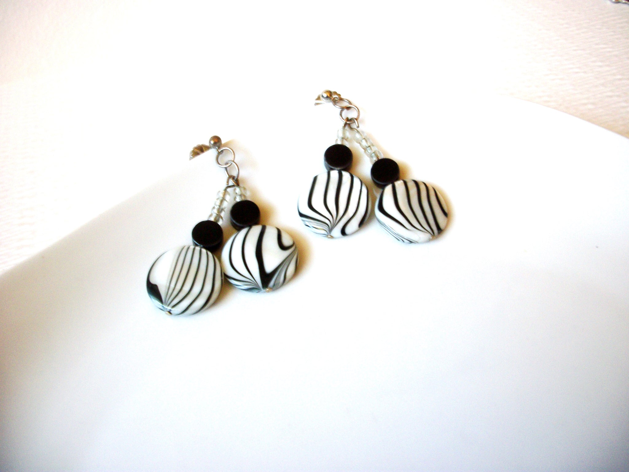 Vintage White Black Glass Dangle 2"  Earrings 121816