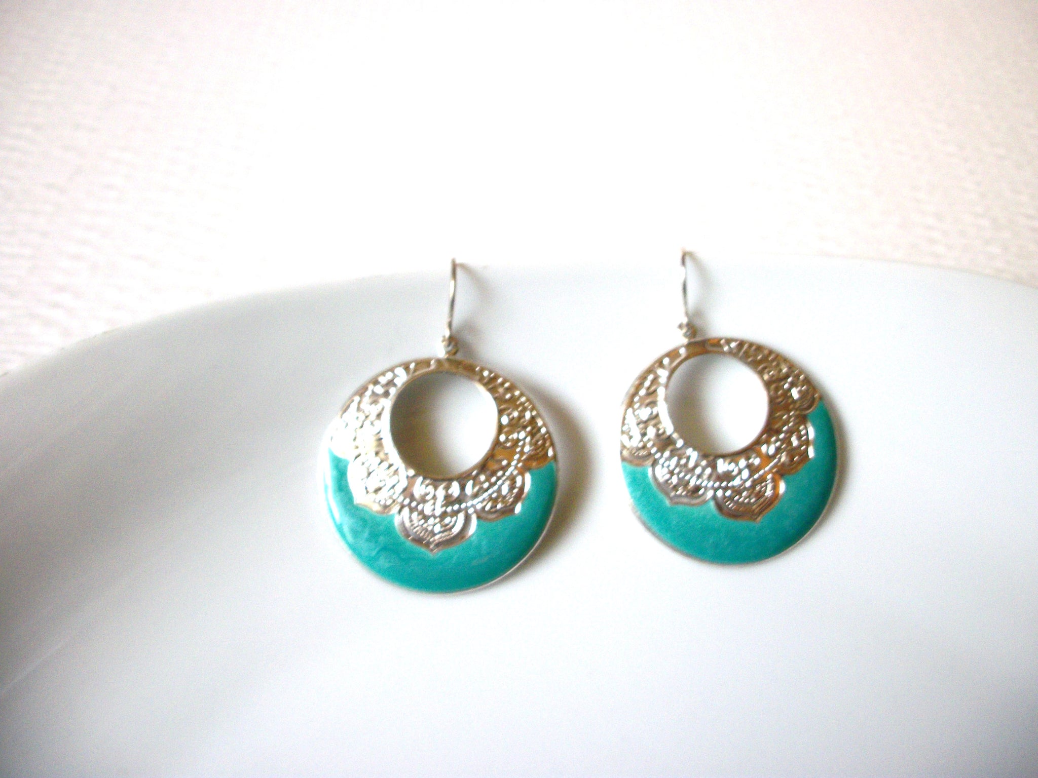 Bohemian Silver Toned Turquoise Enameled Dangle Earrings 9216