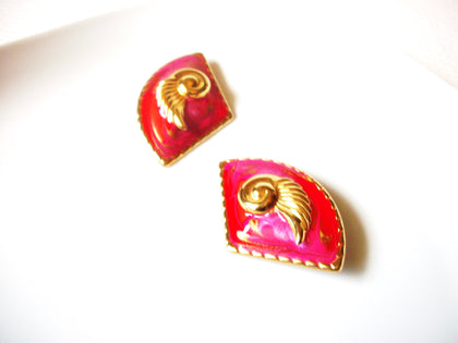 Vintage Gold Toned Orange Fuchsia Pink Enameled 2 1/4" Clip On Earrings 9216