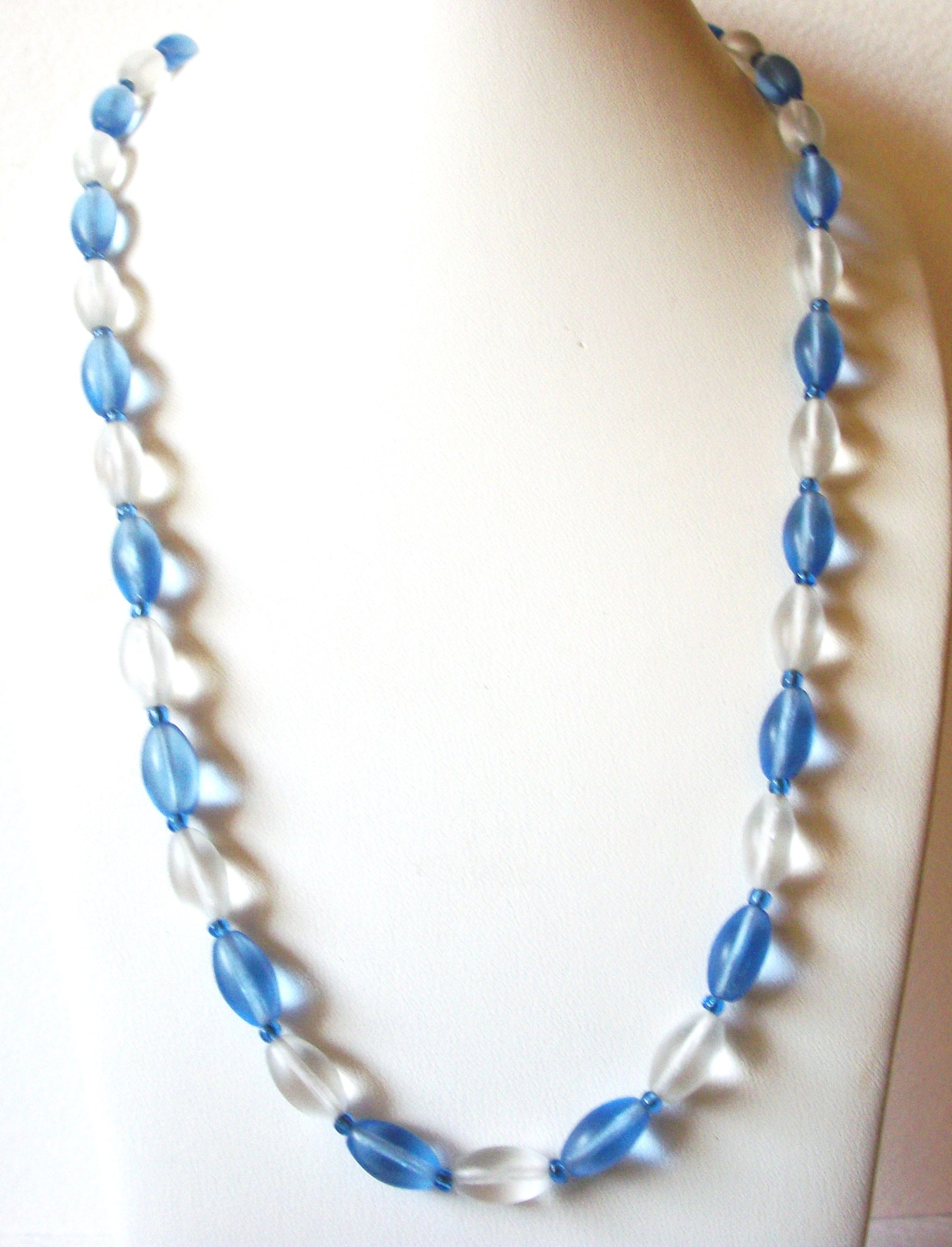 Vintage Frosted Glass Clear Blue 28" Necklace 72017
