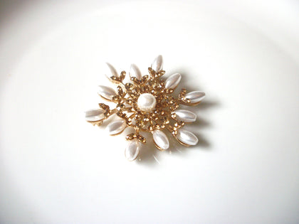 Retro Gold Toned Rhinestone Faux Pearl Snowflake Brooch Pin 92816