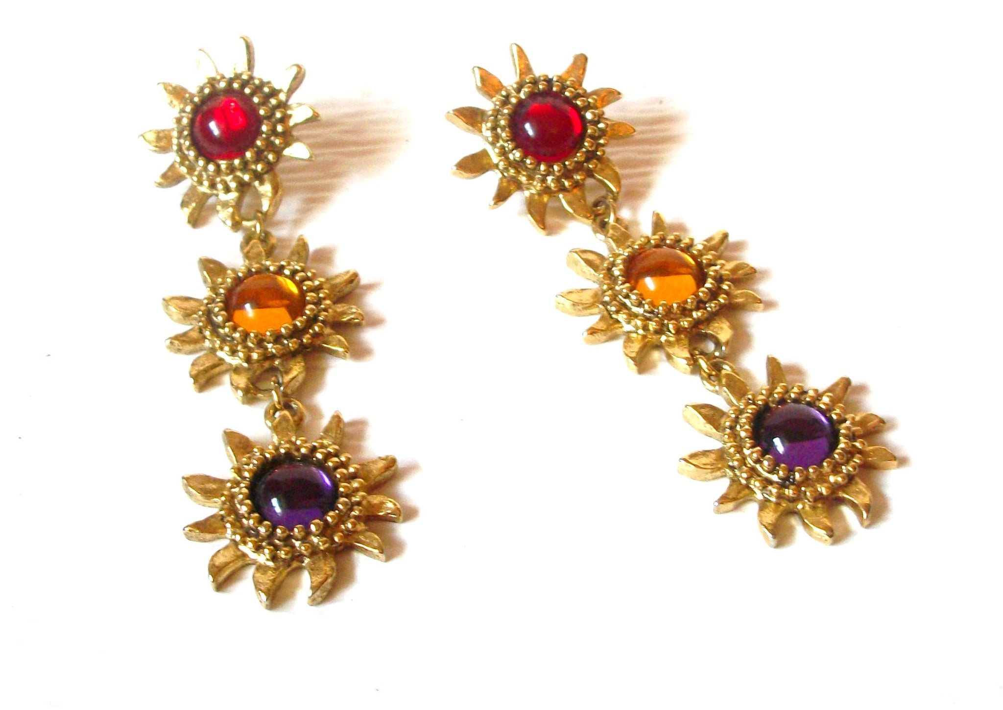 Vintage DIVA Gold Toned Red Gold Purple Sun 3" Long Earrings 30717