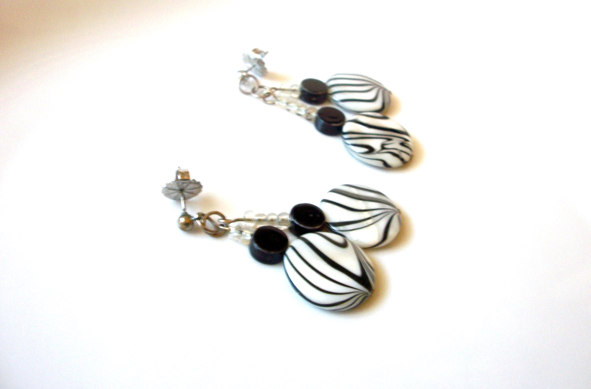 Vintage White Black Glass Dangle 2"  Earrings 121816