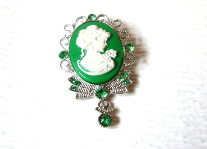 Retro Silver Toned Green White Cameo Rhinestone Brooch 31817