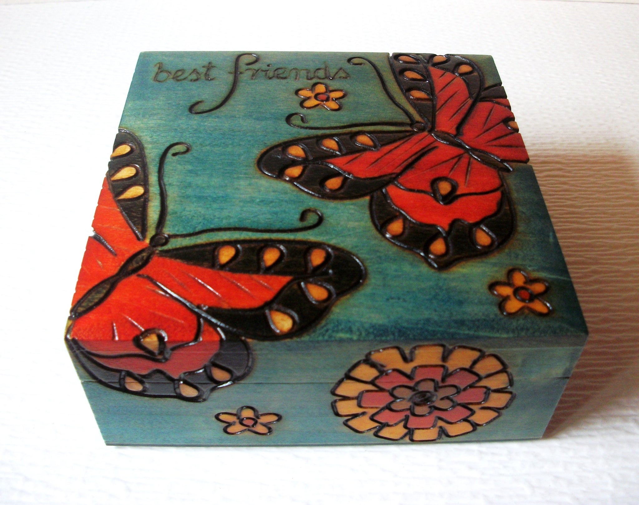 Vintage Carved Butterfly Wooden Hand Painted Jewelry Box Best Friends 71517