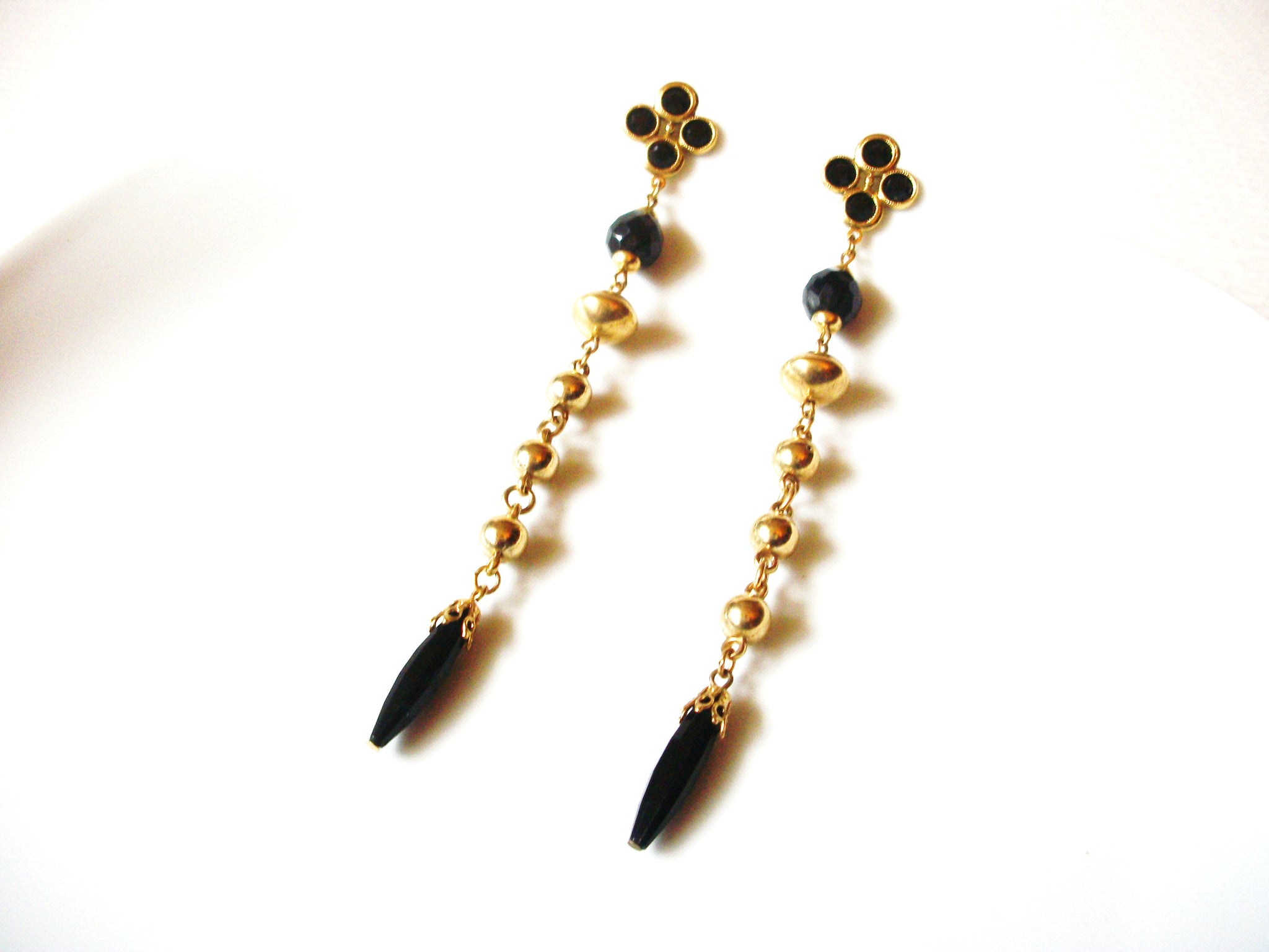 Vintage Gold Toned Black Czech Glass 5" Very Long Dangle Earrings 9216