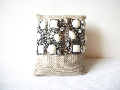 Mad Woman Silver Toned Clear Rhinestone White Acrylic Bracelet 92917