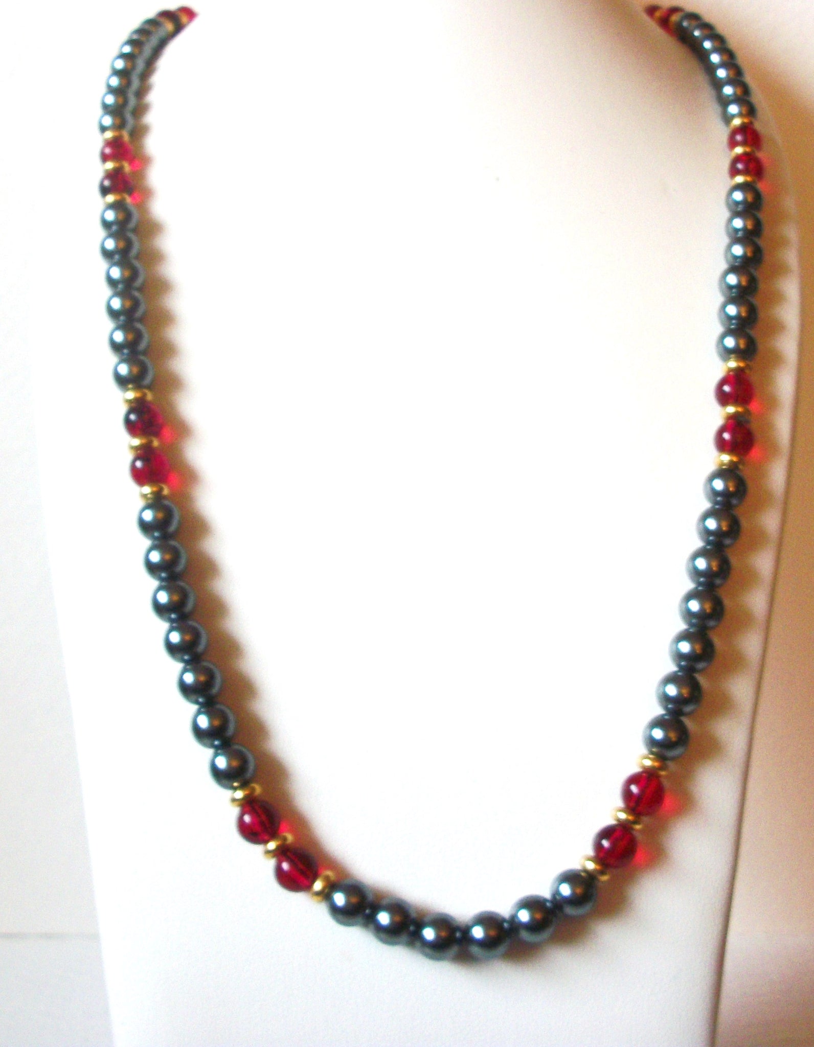 Vintage Necklace Gray Gold Red Glass Pearl 36" Long 60816