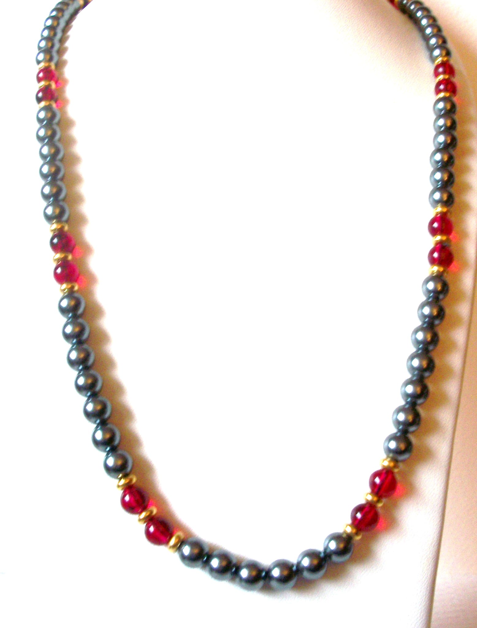 Vintage Necklace Gray Gold Red Glass Pearl 36" Long 60816