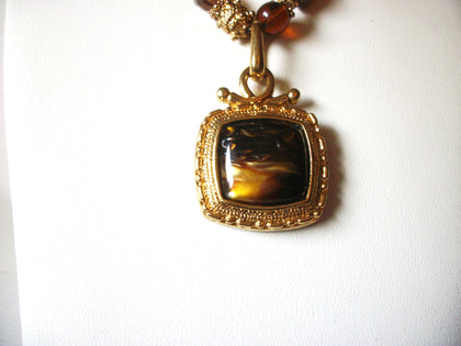 Vintage Gold Toned Amber Honey Gold Pendant Glass Necklace 122916