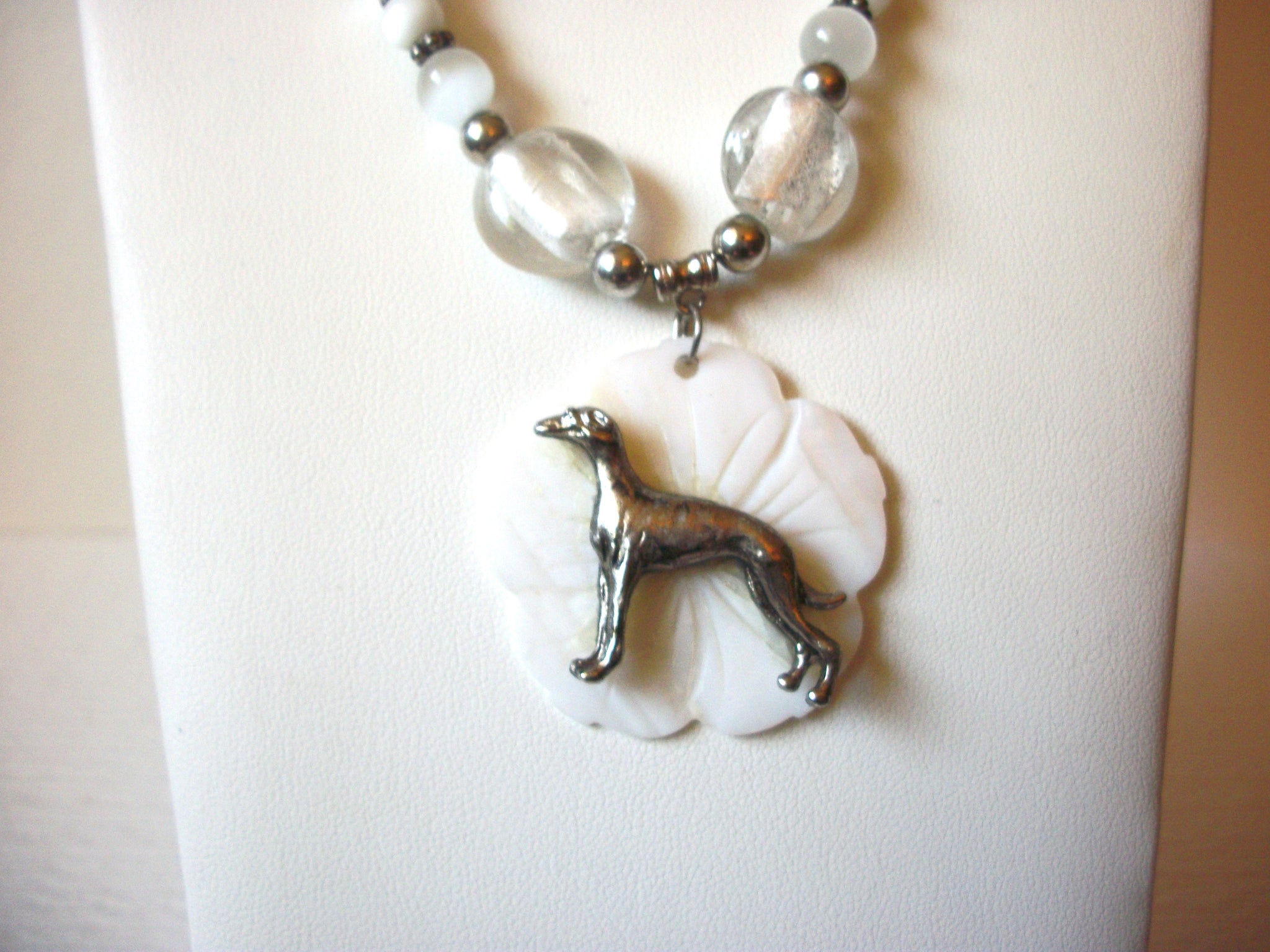 Hand Made Frosted Glass Mother Of Pearl Dog Pendant Necklace 122920