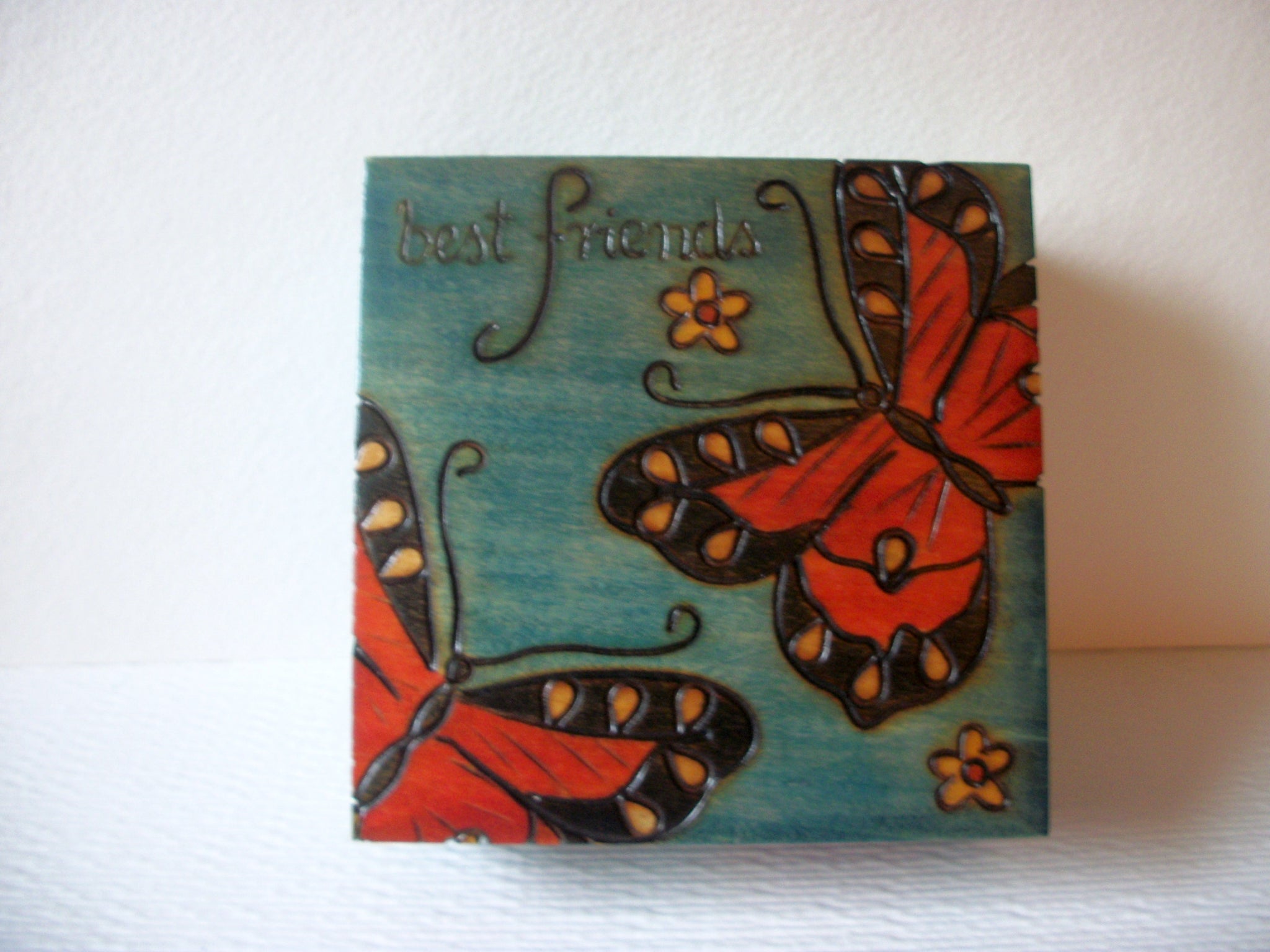 Vintage Carved Butterfly Wooden Hand Painted Jewelry Box Best Friends 71517