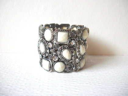Mad Woman Silver Toned Clear Rhinestone White Acrylic Bracelet 92917