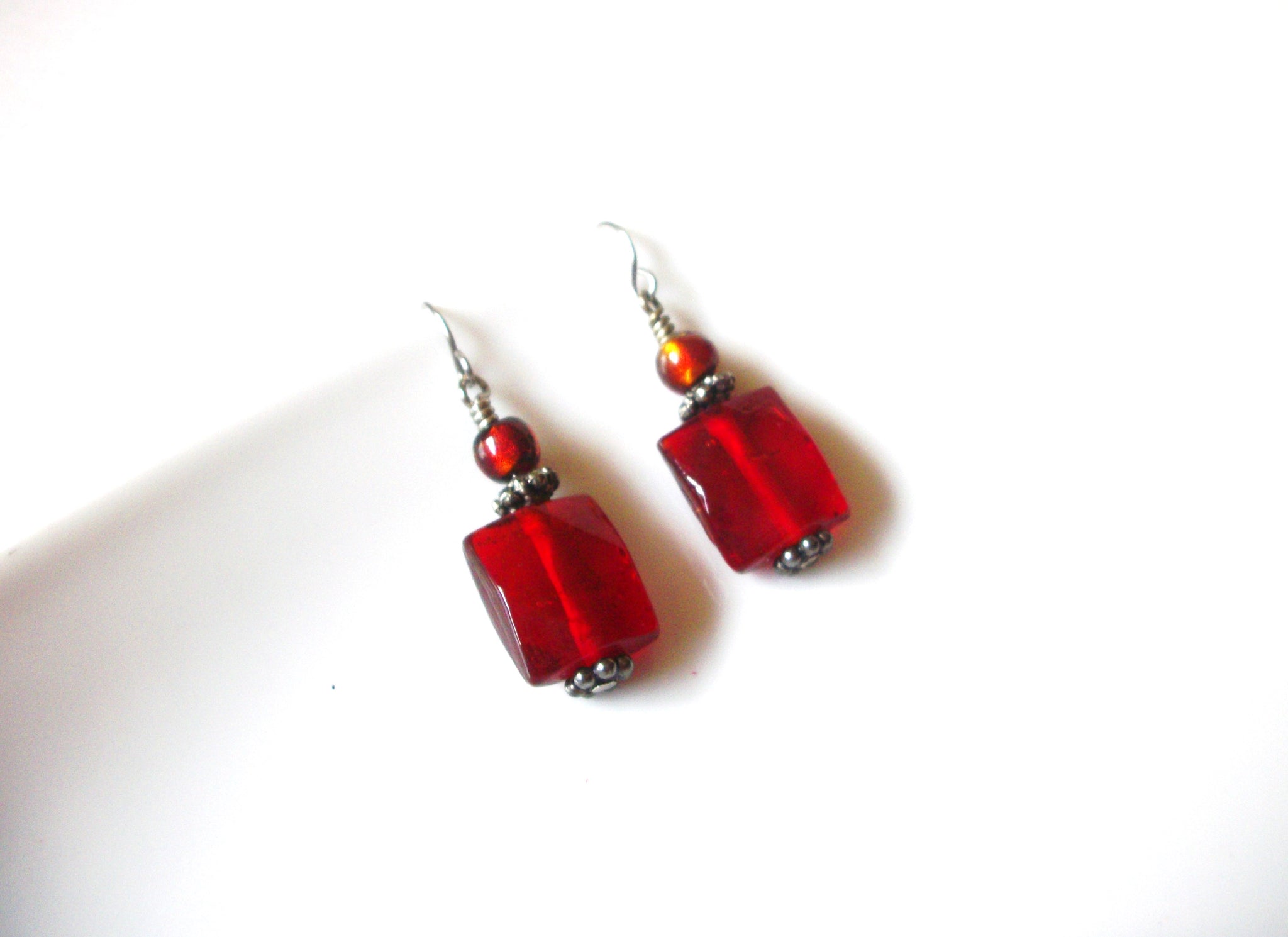 Vintage Red Glass Dangle Earrings 123116