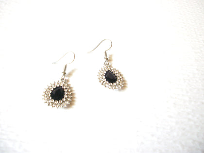 Silver Toned  Clear Rhinestone Faceted Black Glass Dangle Earrings 91517
