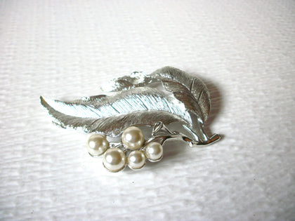 Vintage SARAH COV Brushed Silver Toned Faux Pearl 3" Leaf Brooch Pin 92216
