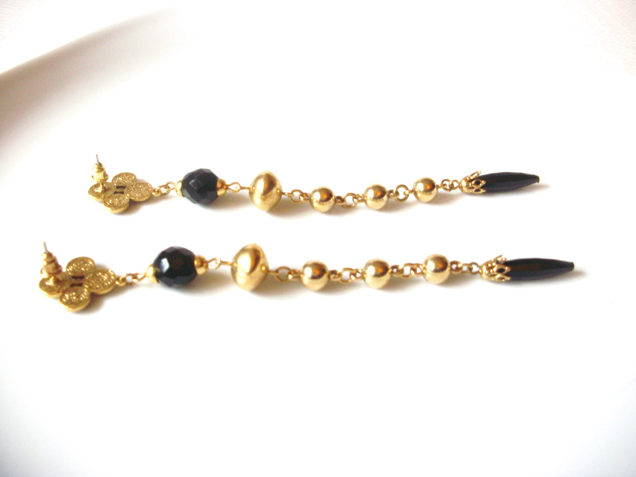 Vintage Gold Toned Black Czech Glass 5" Very Long Dangle Earrings 9216