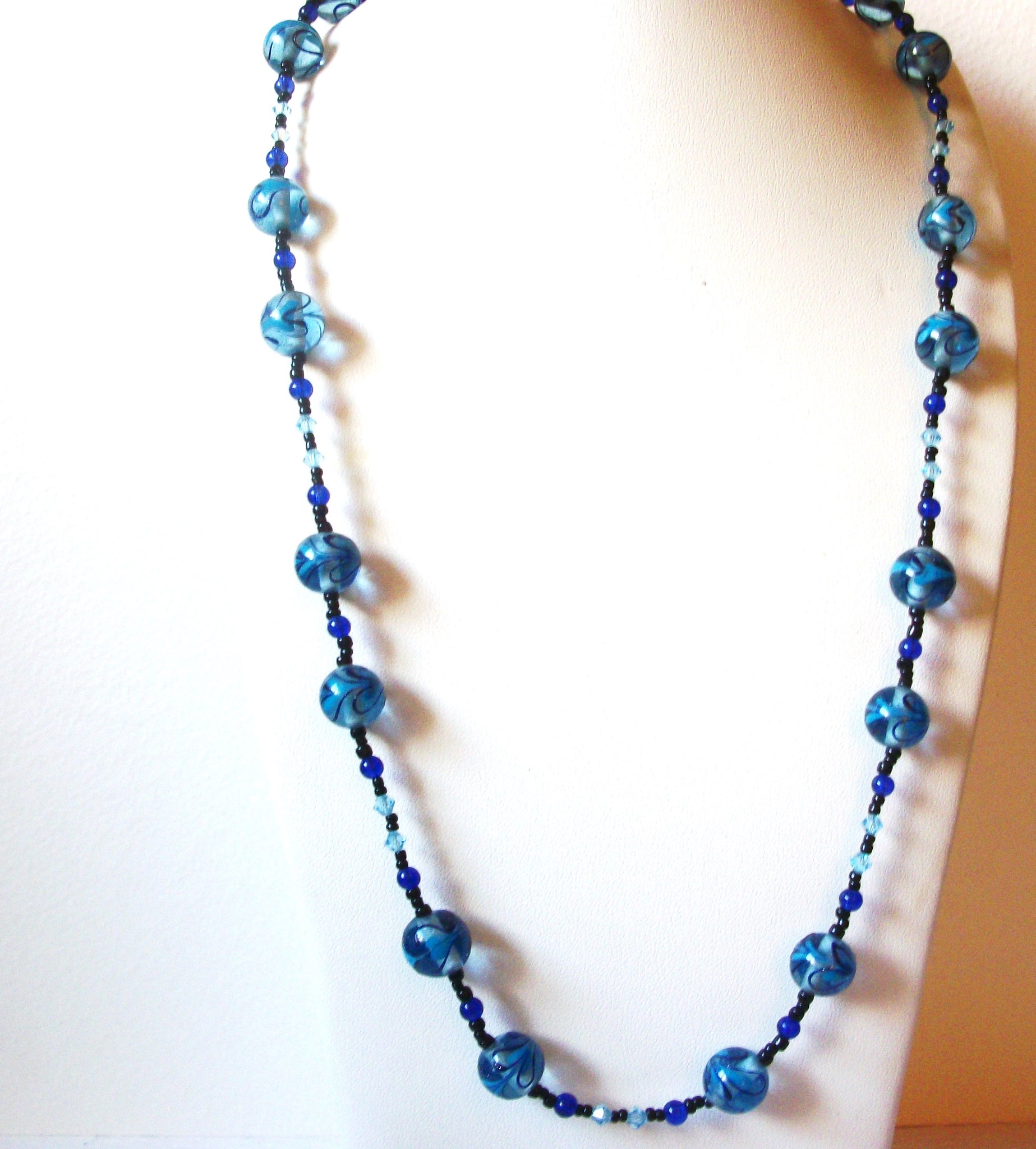 Vintage Blue German Bullseye Glass 34" Long Necklace 30717