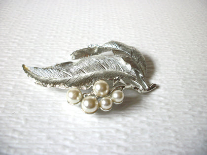 Vintage SARAH COV Brushed Silver Toned Faux Pearl 3" Leaf Brooch Pin 92216