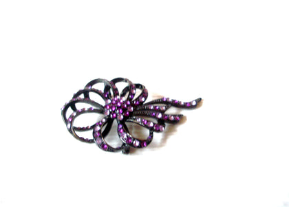 Vintage Brooch Pin Dark Toned Rhinestone Flower 2 1/2" Long 60816